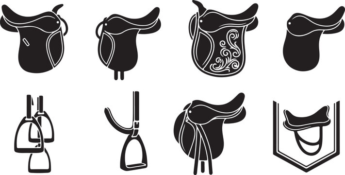 Collection of horse saddles and stirrups in silhouette on white background vector.
