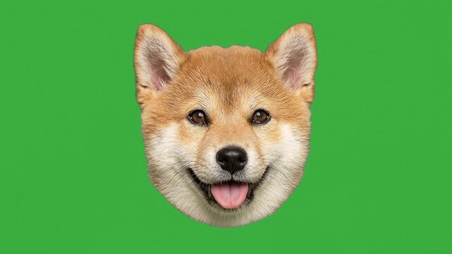 Cute shiba inu puppy dog head smiling and panting on greenscreen background animation