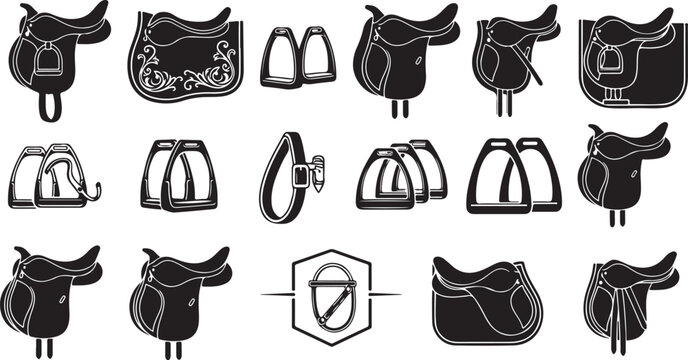 Collection of equestrian saddle and tack silhouette elements on transparent background for design.