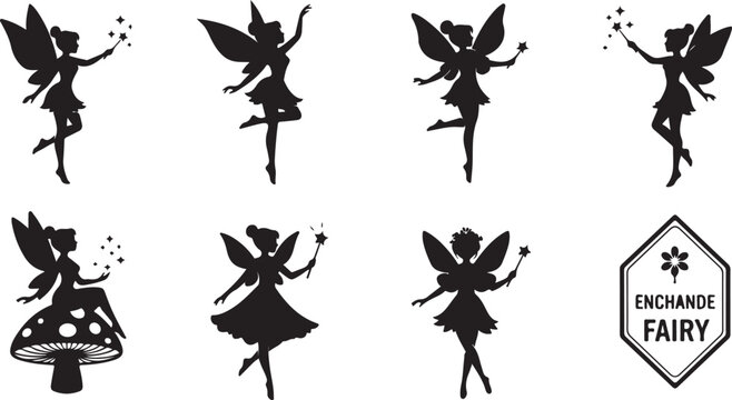 Magical fairy silhouette collection with star wand and mushroom on transparent background.