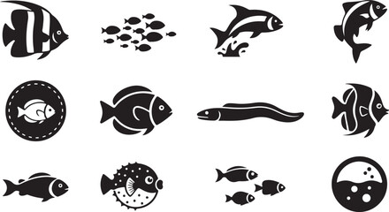 Obraz premium Variety of fish silhouettes swimming in water on transparent background for design.
