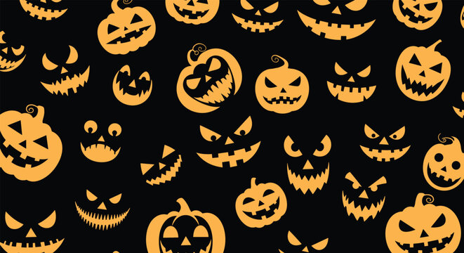 Seamless Halloween pattern featuring various orange jack-o-lantern pumpkin faces on a solid black background for spooky holiday theme designs.