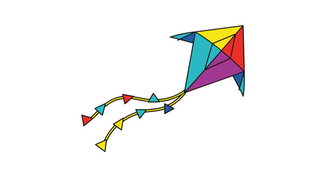 Colorful geometric kite with long tails flying in the air as a vector illustration for outdoor activity and childhood nostalgia design concepts.