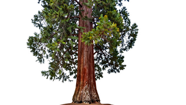 Giant Sequoia Tree: A majestic Giant Sequoia tree stands tall with its impressive trunk and lush green foliage, isolated on a clean white background.