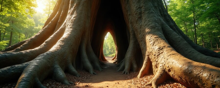 Massive old tree roots create an archway into a sunlit forest path. Gnarled bark and exposed roots form a natural tunnel inviting exploration. Tall green trees frame the scene.