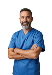 Obraz premium A confident male doctor with salt and pepper beard wearing cobalt blue scrubs posing with folded arms against a gray background. Concept of healthcare excellence