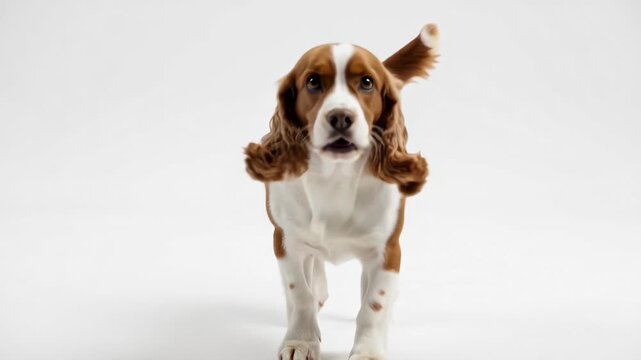 Adorable welsh springer spaniel dog running happily towards the camera with its tongue out and ears flapping in slow motion, isolated on a white background in a studio setting