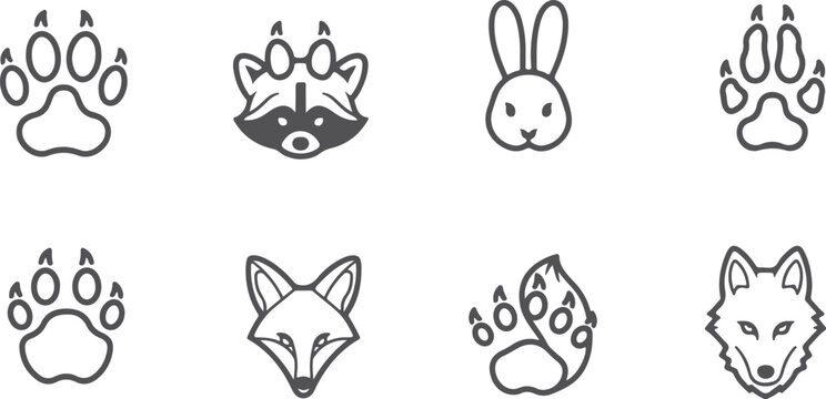 Set of animal tracks and animal faces including fox raccoon rabbit wolf paws.