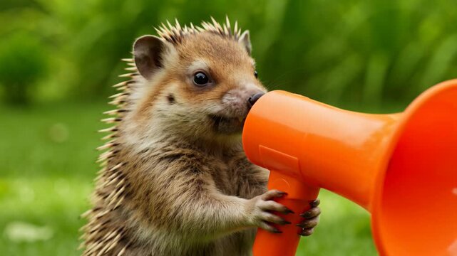Funny wild hedgehog standing on green grass and shouting into an orange megaphone. A cute animal activist protesting and communicating an important message to the public