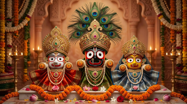 Intricately decorated realistic idols resting elegantly on a beautiful marble altar adorned with marigold garlands for the spiritual ratha yatra and jagannath ratha yatra puja
