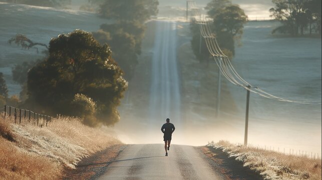 jogging. A runner in motion on a country road, captured in morning mist with soft light from the sunrise. product launch decks, UI/UX mockups, designed for product launches and innovation pitches.