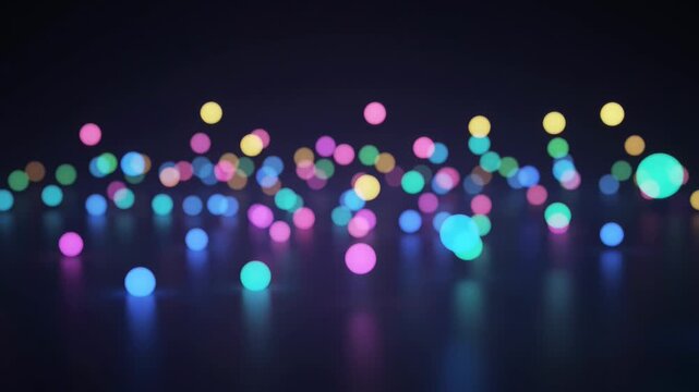 Glowing bouncing spheres and neon particles moving on a dark reflective surface, creating a vibrant, luminous and dynamic abstract background with bokeh effects