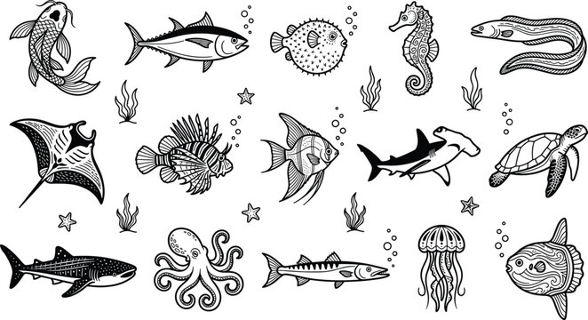 Sea life doodle vector icon set featuring line art sharks sea turtles octopuses manta rays seahorses and tropical reef fish for ocean graphic designs