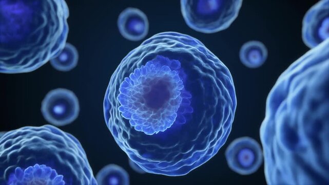 Blue spherical biological cells with textured surfaces and internal structures, symbolizing cellular biology, division, and microscopic life.