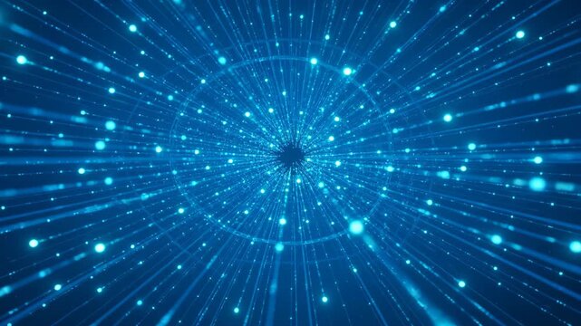 Abstract futuristic digital hyperspace tunnel flying through glowing blue particles and data network connections representing technology, speed, and communication concepts