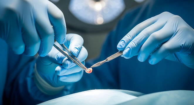 Surgeon's hands in gloves hold medical instrument and cautery tool in operating room