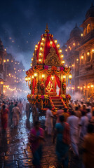 Fototapeta premium Beautiful illuminated chariot surrounded by devoted crowd during the holy ratha yatra festival celebrating the spiritual tradition of the traditional jagannath ratha yatra puja ceremony
