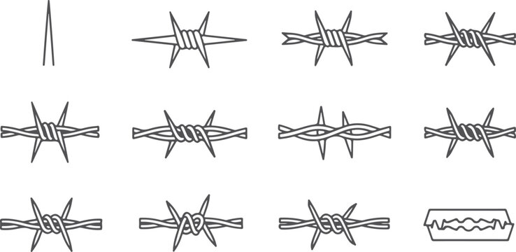 Barbed wire fence sections and single spikes for security and boundary and restricted area designs.