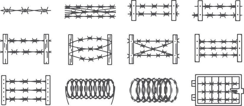 Barbed wire fence sections and rolls for security and boundary and industrial zone designs.