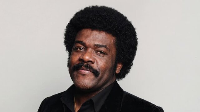 Close-up portrait of a smiling Black man with an afro and mustache in a suit. A charismatic Black man with a distinctive afro hairstyle and mustache smiles warmly