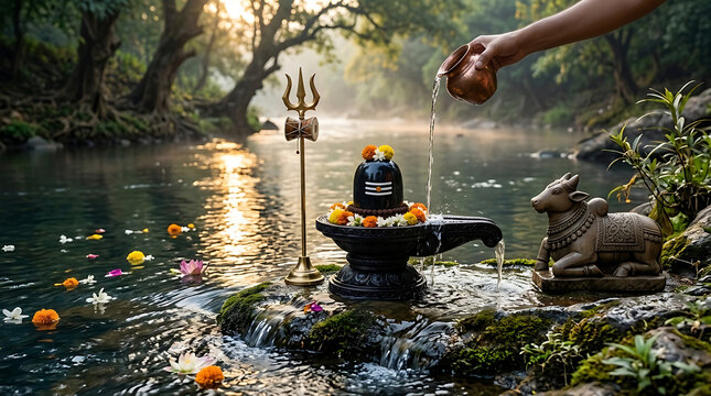 One devotee hand pours holy river water over the black shiva lingam near a stone nandi for mahadev blessings on this maha shivratri morning prayer