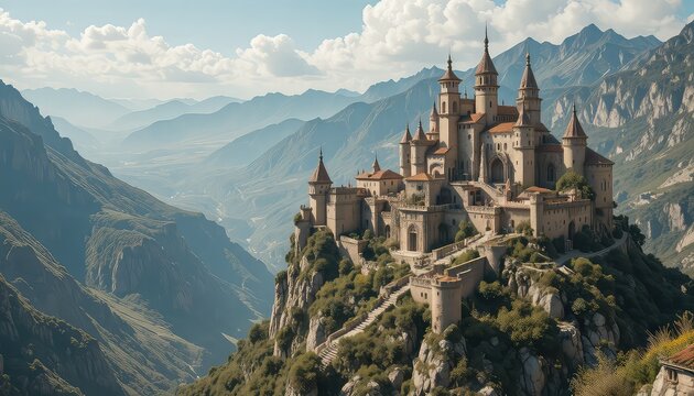 inspired stone citadel resting on a narrow ridge between two mountain valleys, intricate towers and courtyards, rugged terrain, detailed natural environment, cinematic realism