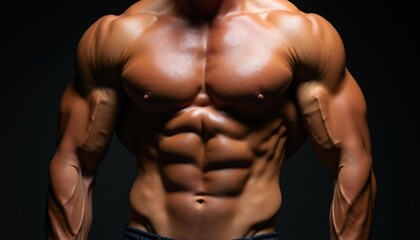 Obraz premium Muscular man poses in studio highlighting defined abs and chest. Athletic male bodybuilder shows powerful physique after intense gym workout. Fitness model perfect shape.