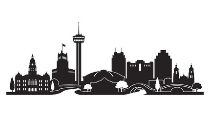 Fototapeta premium Minimalist Black Skyline Silhouette Featuring Iconic Tall Tower and Stadium Architecture for Modern Urban Design Projects