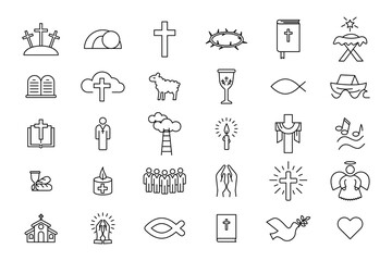 Obraz premium Christian religion cross bible outline vector set features holy church faith objects. Sacred catholic spirituality collection enhances traditional prayer belief elements.