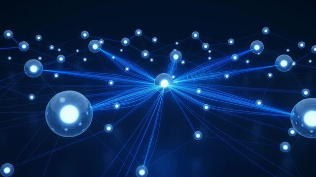 Abstract digital data network with nodes exchanging information, conceptual illustration of blockchain technology, artificial intelligence and global communication network