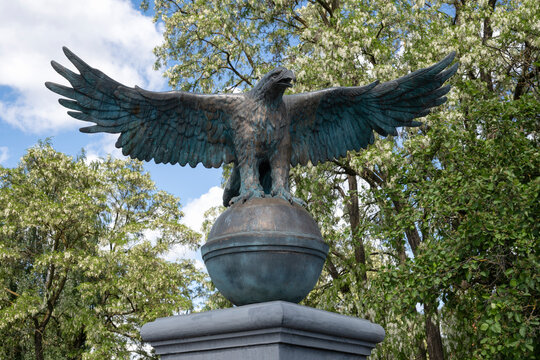 OREL, RUSSIA - MAY 25, 2026: Eagle sculpture is close-up on the Alexander Bridge. Orel City