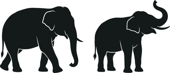 Elephant silhouette vector set featuring a walking wild animal and an elephant raising its trunk with tusks for wildlife safari graphic designs © MstJoynobAkhtar