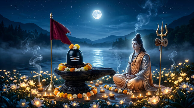 Meditating lord beside the holy mahadev shiva lingam under a beautiful bright full moon night glowing with white lotus flowers for peaceful maha shivratri celebrations