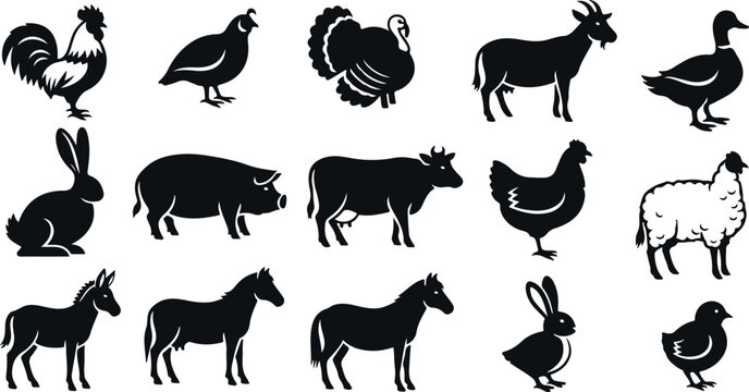 Diverse set of farm animal silhouettes and birds, agricultural and rural theme.