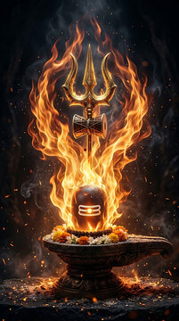 Powerful bright golden fire flames rising fiercely around the holy mahadev shiva lingam and sacred brass trident during intense divine magical maha shivratri nighttime ceremony
