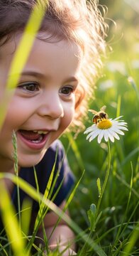 Closeup joyful child with bee on daisy in a sunlit meadow for nature background and children's poster design