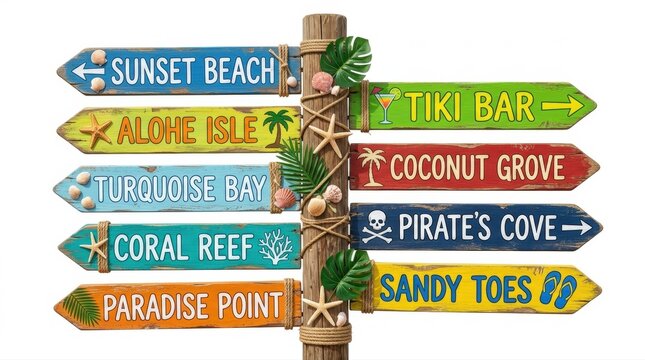 A colorful beach signpost with multiple directional signs pointing to various tropical destinations like sunset beach, tiki bar, and paradise point, isolated on white background
