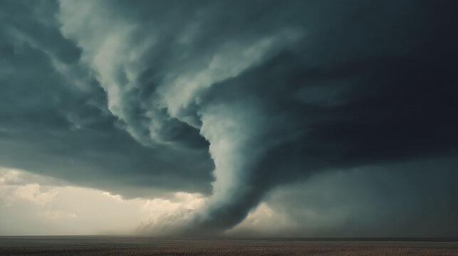 Severe Weather Twister Forming Across Open Grassland Under Dark Clouds