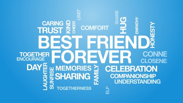 Best friend forever BFF concept Animated Tag Word Cloud kinetic typography, Text Design Animation typography seamless loop video motion graphics Intro Wordart arrangement sky blue background bg backdr