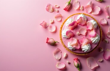 Obraz premium Pretty pink tart with white cream swirls and fresh rose petals. Sweet baked dessert decorated with flower elements. Delicious pastry for celebration, tea time, or special occasion.