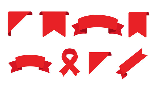 Set of red ribbons, banners, flags, and awareness ribbon