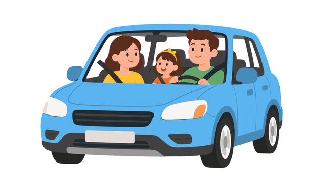 Happy family riding together in a blue car illustration