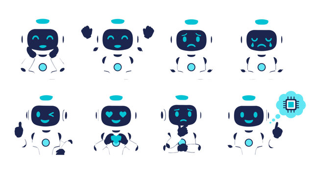 Cute robot characters showing different facial expressions set