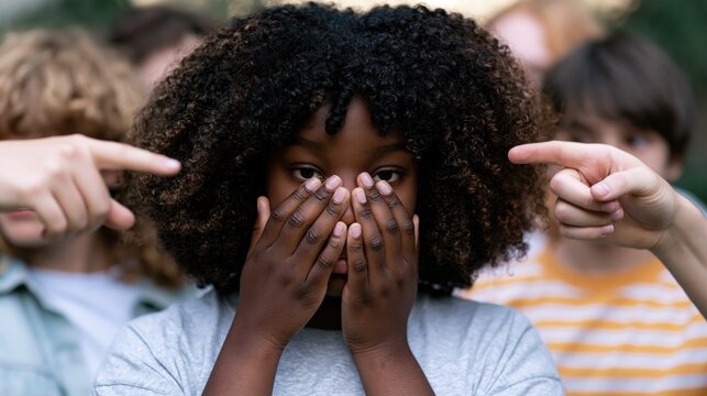 Institutional racism in modern America: mob of White peers bully a proud curly dark Brown zoomer. Prejudice. Unfair