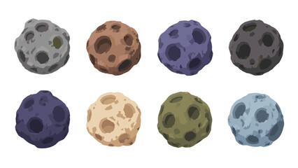 Set of colorful cratered asteroid spheres on white background © Mark