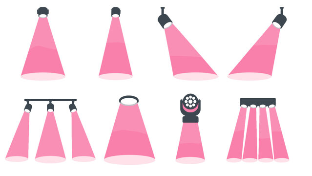Set of pink stage spotlights and ceiling light beams