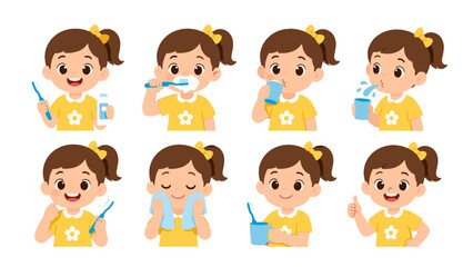 Naklejka premium Girl demonstrating tooth brushing and oral hygiene steps