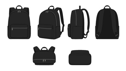 Black backpack shown from multiple angles in vector style © Mark