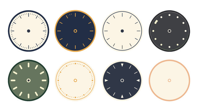 Set of minimalist round clock faces in flat vector style