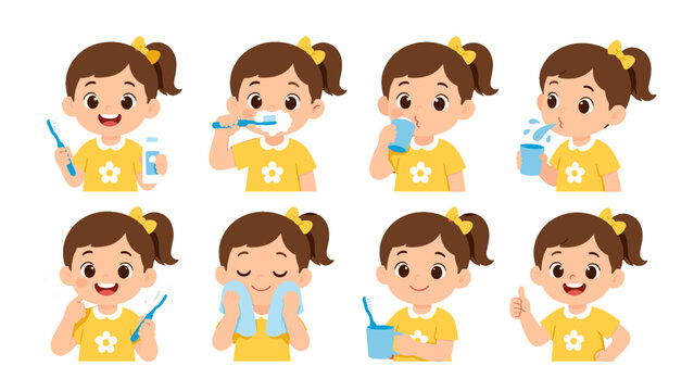 Girl demonstrating tooth brushing and oral hygiene steps